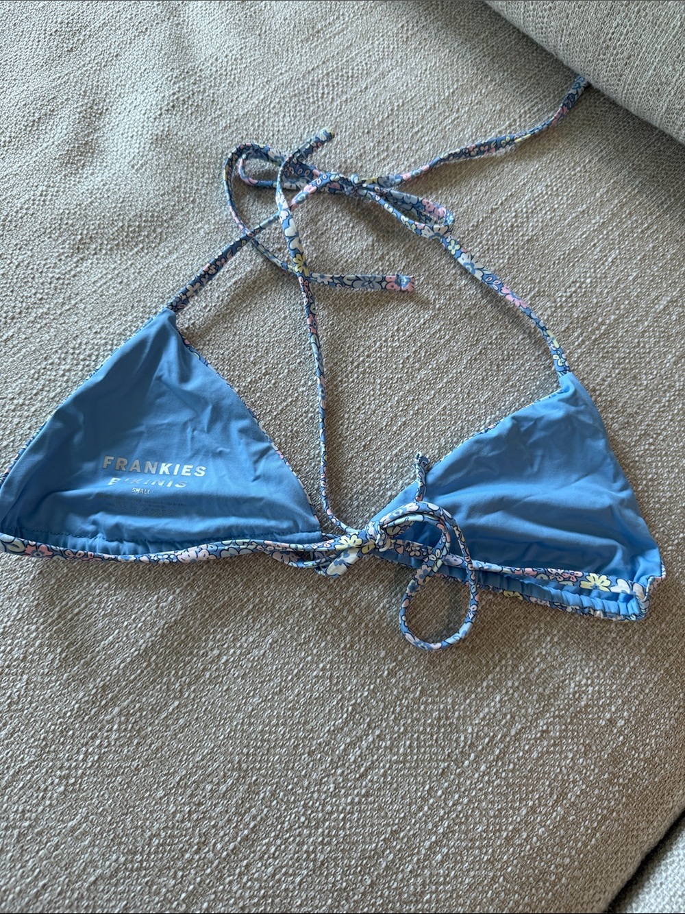 Frankie's Bikinis Sky Blue Triangle Bikini Top with Floral Straps - Picture 2 of 3